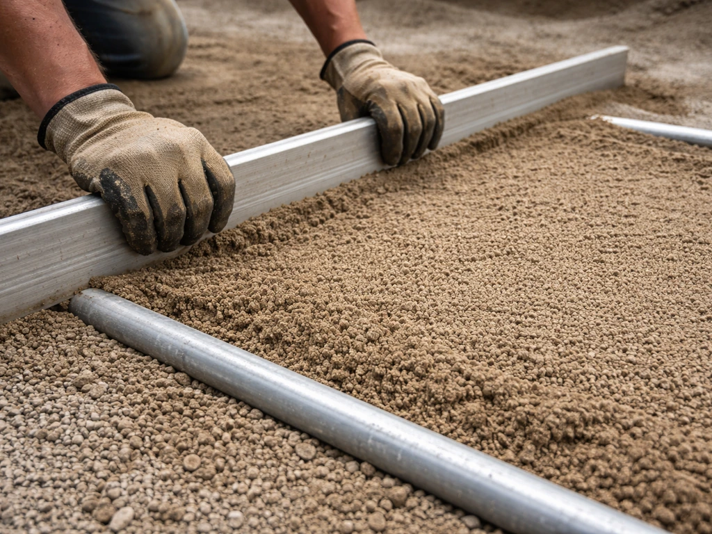 Worker screeds coarse sand using two parallel 1-inch pipes as guides over a compacted gravel base.