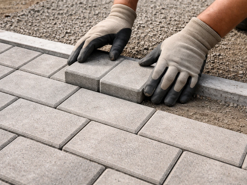 Hands placing concrete pavers in a running-bond pattern along a straight edge