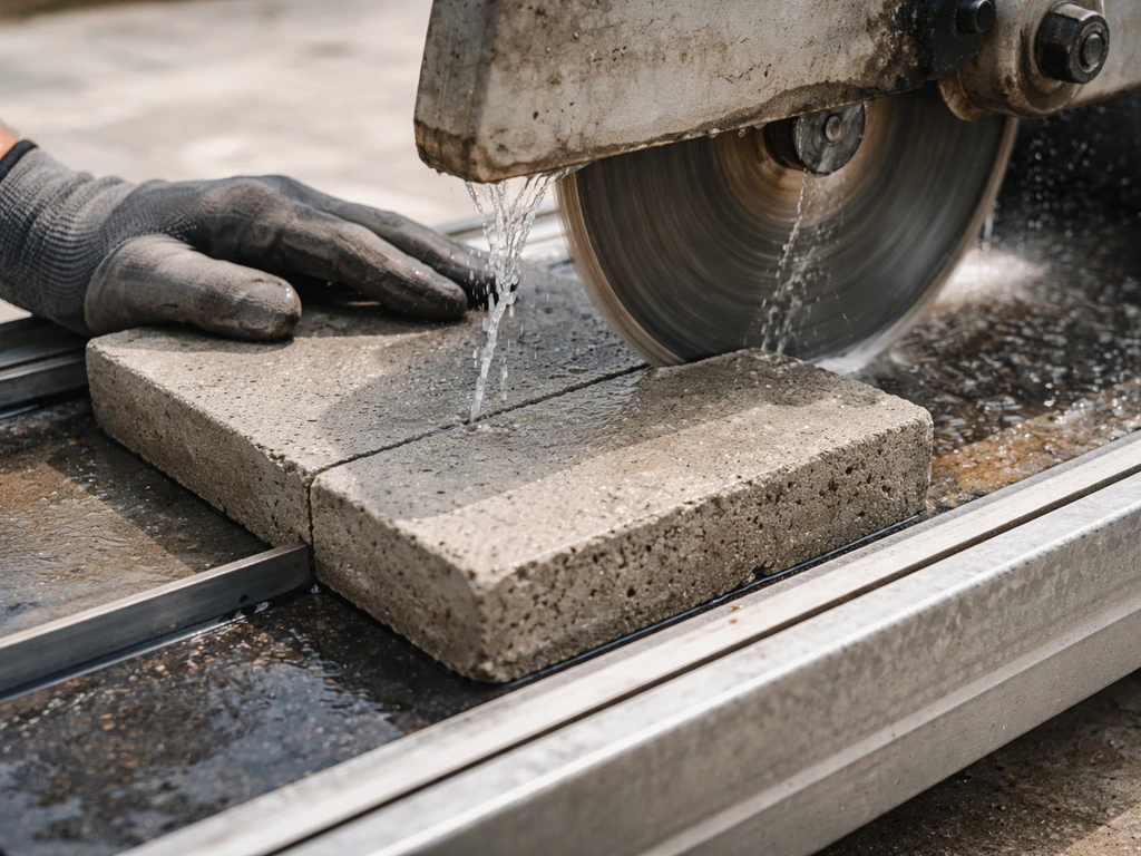Wet saw cutting a marked paver edge in a clean outdoor work area