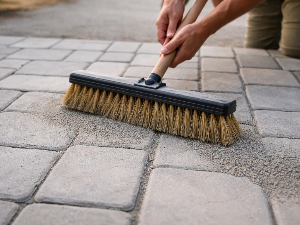 Push broom sweeping polymeric sand into dry paver joints on a driveway.