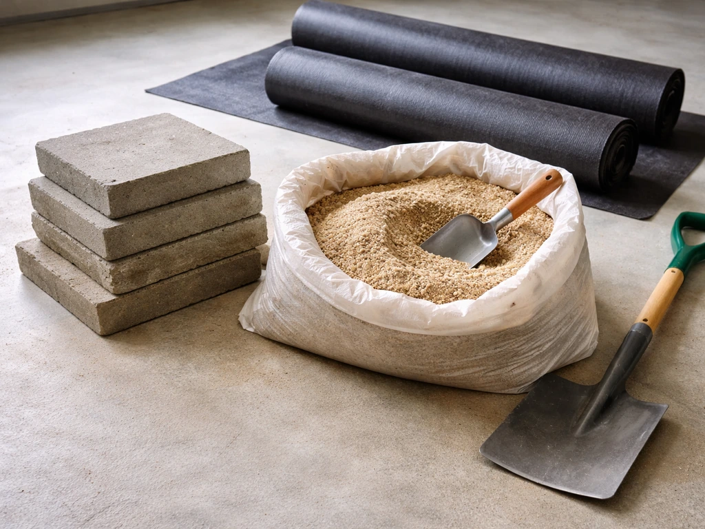 Tools and paver supplies laid out with coarse sand showing a shallow 1-inch layer depth.