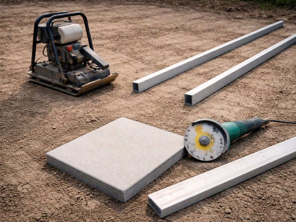 Close-up of a rented plate compactor next to paving cutting tools and screed rails for precise installs