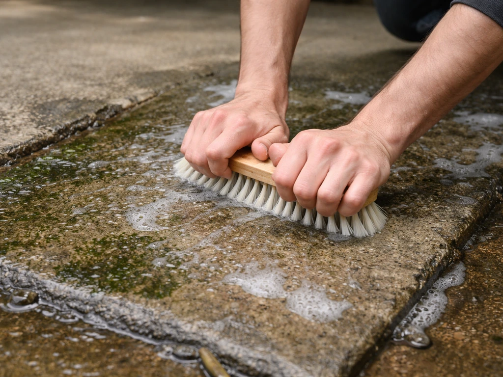 Hands scrubbing an outdoor concrete slab with a stiff brush as water rinses off algae and grime.