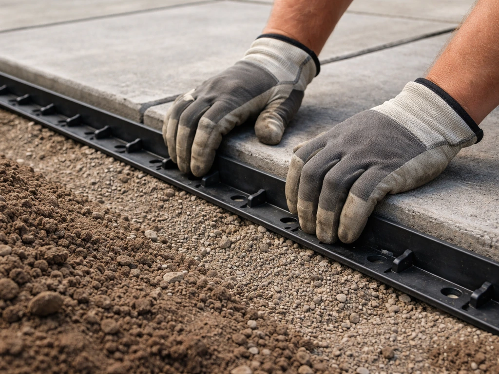 Gloved hands snapping plastic edge restraints along a patio perimeter before bedding sand is spread.