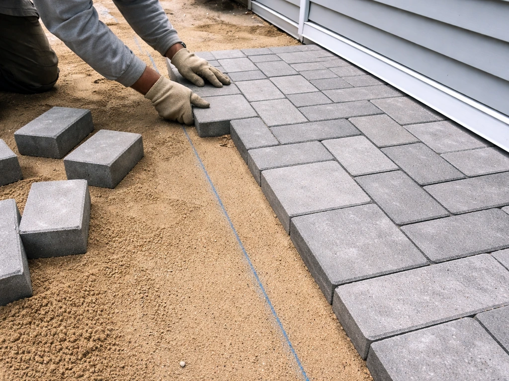 Hands laying patio pavers along a snapped chalk line, showing running-bond offset rows and cut pieces.