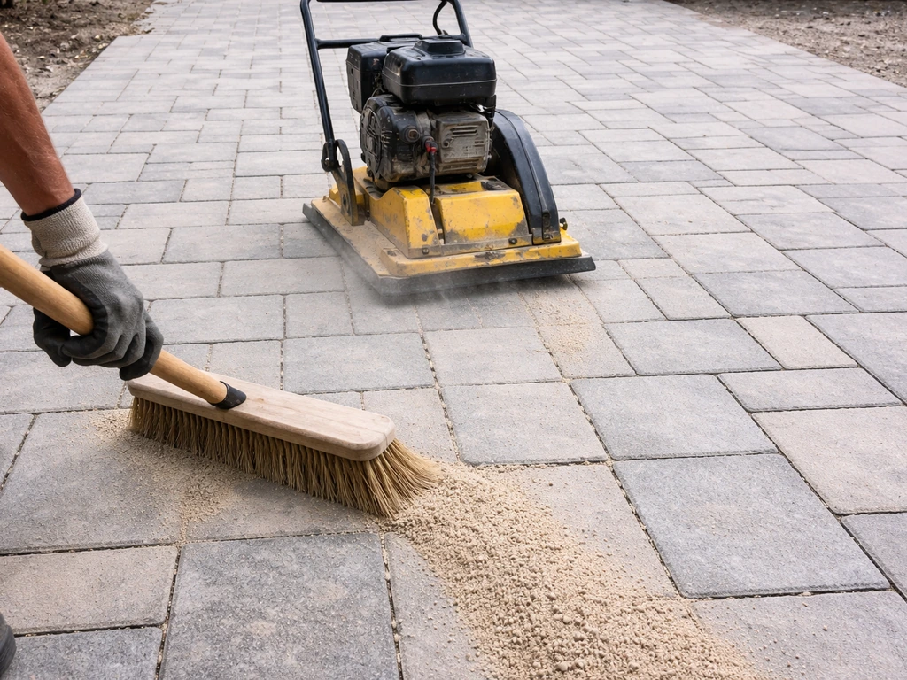Plate compactor driving over newly laid pavers with polymeric sand being swept into the joints