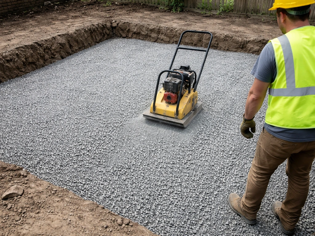 Construction worker compacts a freshly spread gravel base with a plate compactor in an excavated patio area.