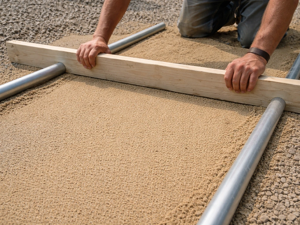 Worker screeding a 1-inch bedding sand layer using two pipes and a straight board over gravel