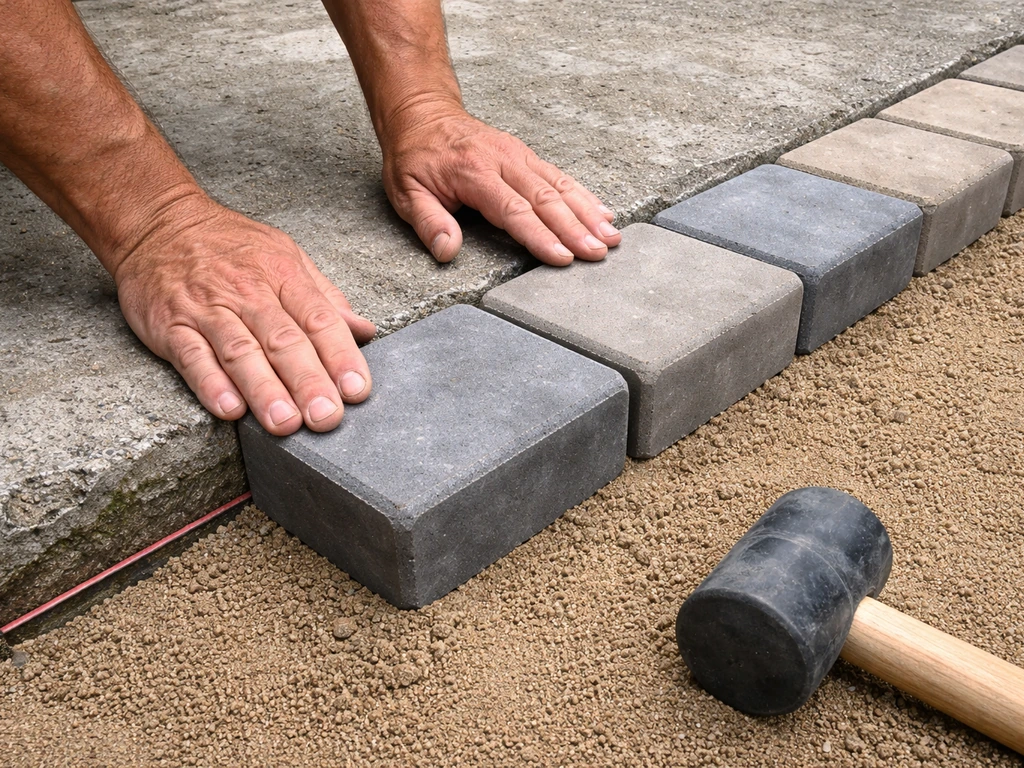Close-up of hands placing pavers level to create a clean seam where new meets old patio concrete.