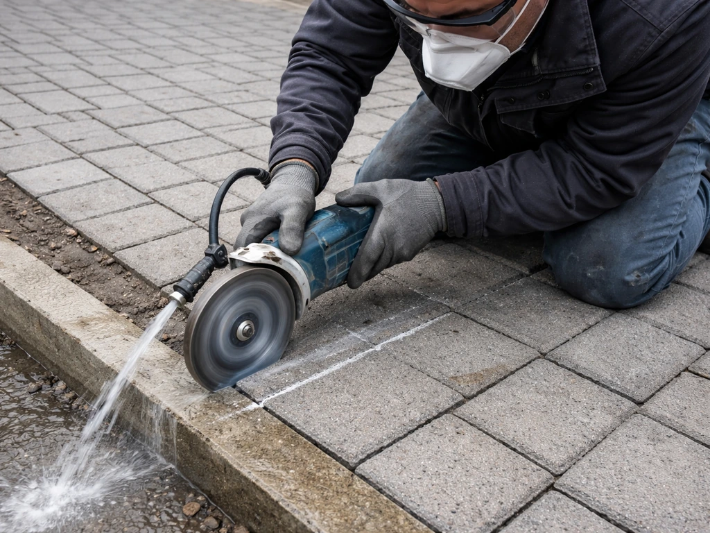 Worker using a wet-cut angle grinder to trim concrete pavers along a driveway edge