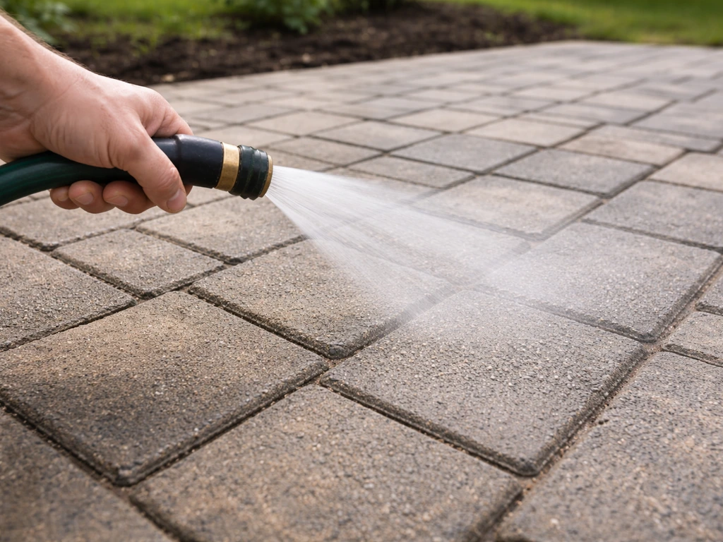 Gentle mist from a garden hose over polymeric sand in concrete paver joints