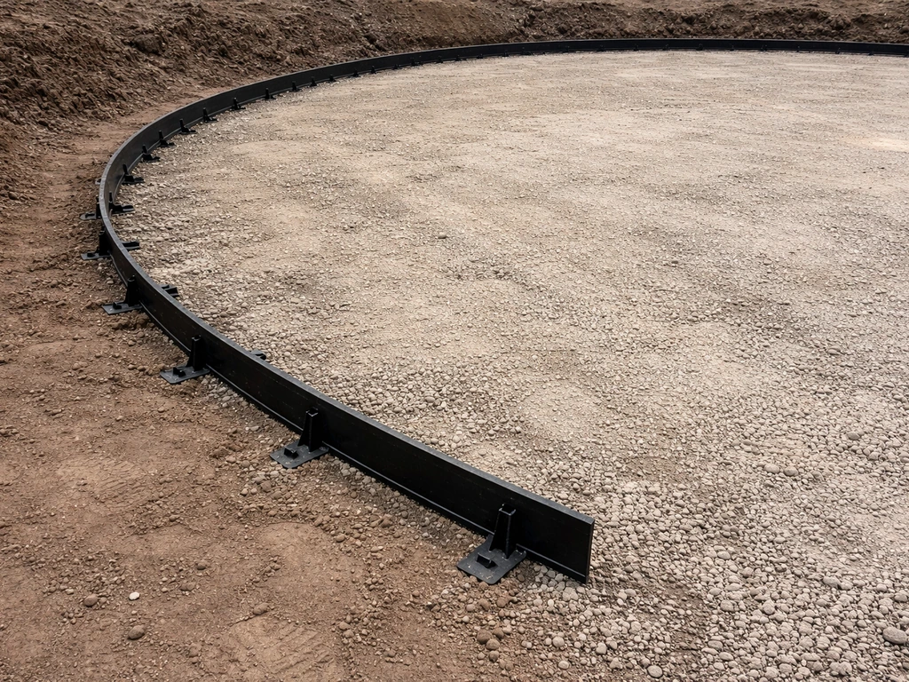 Flexible curved patio edge restraint installed along the arc before any pavers are set.
