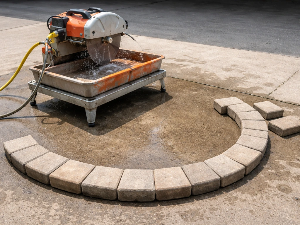 Curved border pavers dry-fitted along a circular layout beside a diamond wet saw in a clean work area.