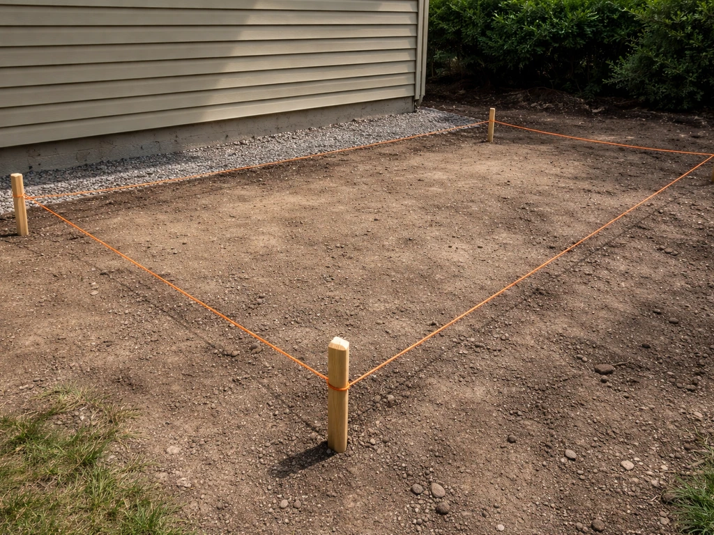 Stakes and taut string marking a rectangular patio layout near a house, with an accurate squareness feel.