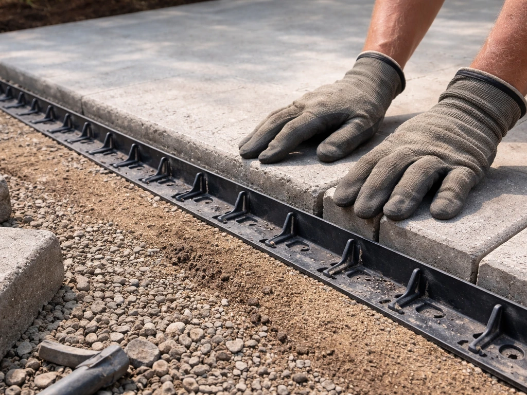 Hands installing paver edge restraints along a patio perimeter with the first row of pavers in place.