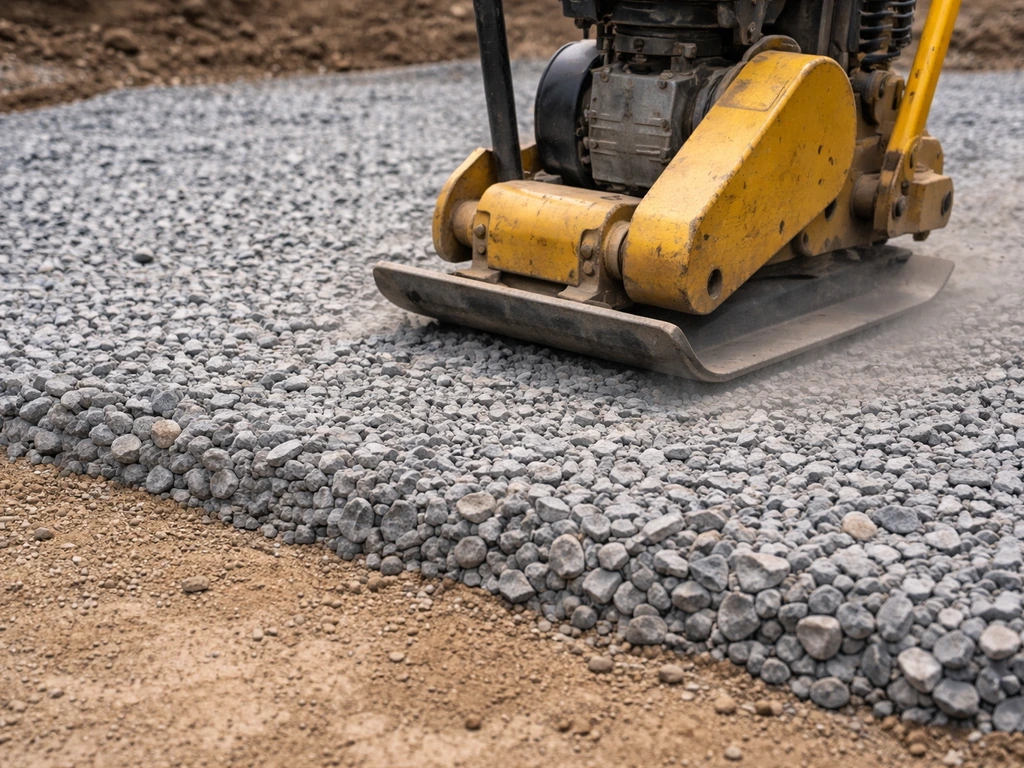 A plate compactor vibrates over freshly spread crushed gravel in an even base layer.