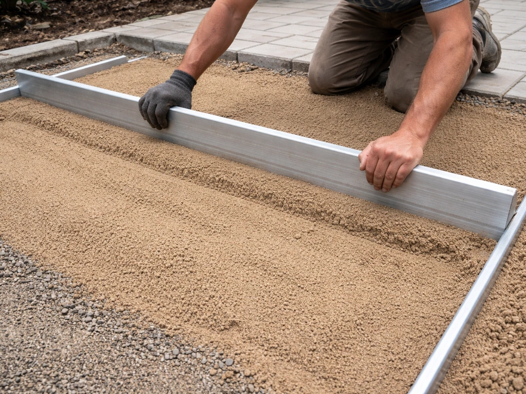 Worker screeding coarse concrete sand smooth to a uniform depth for a patio paver base