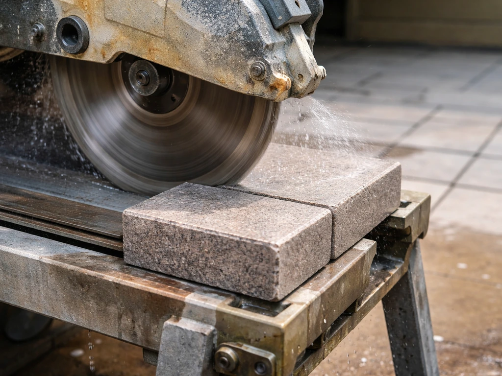 Wet masonry saw cuts a paver precisely for a corner edge on a patio boundary.
