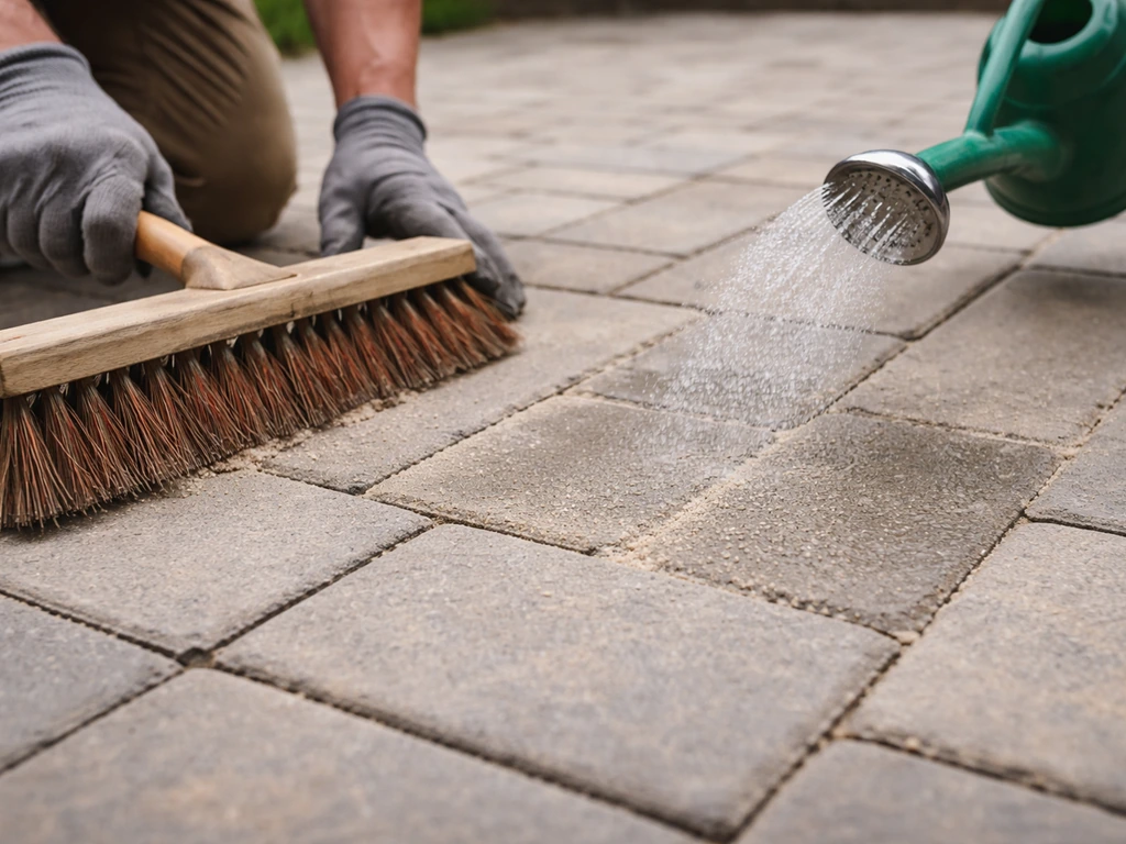 Gloved hands sweeping polymeric sand into paver joints, with a light mist of water activating it.