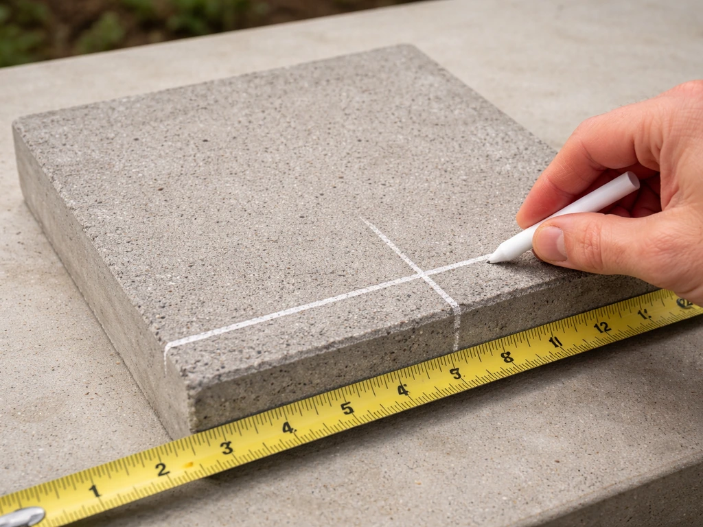 Close-up of a concrete paver with a tape measure and chalk/pencil marking a straight cut line.