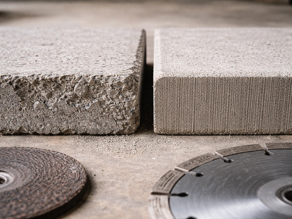 Split view of a chipped paver edge next to a clean diamond-blade cut edge on a workbench.