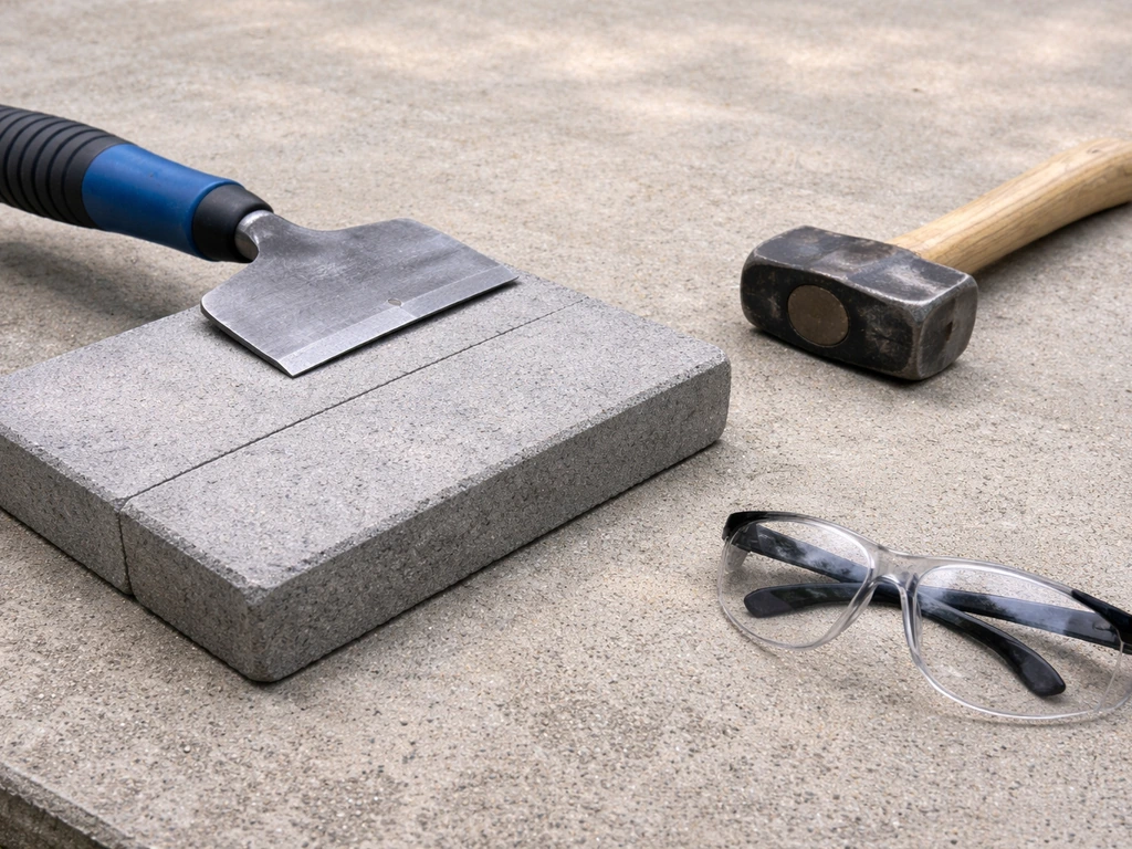 A bolster chisel aligned over a scored paver with a lump hammer ready nearby