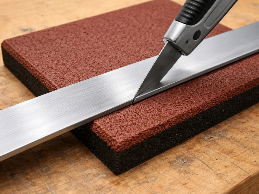 Utility knife slicing a rubber paver straight along a metal straight edge on a sacrificial board.