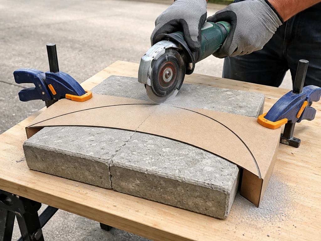 Clamped concrete paver with a cardboard curved template and a hand tool starting a curved cut.