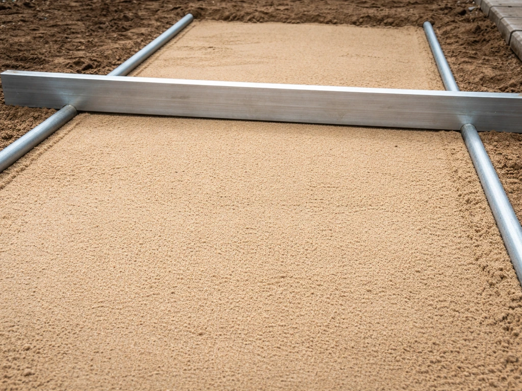 Close-up of leveled bedding sand between two 1-inch conduit rails on a patio site.