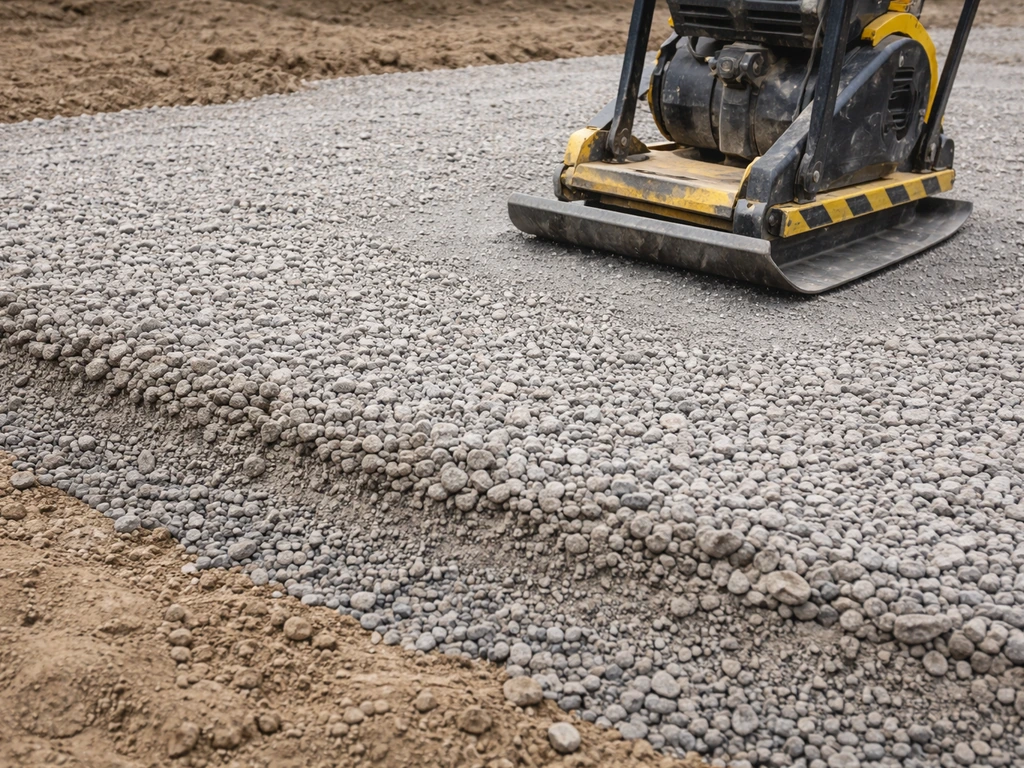 Small vibratory plate compactor compressing fresh crushed gravel in visible lift layers.