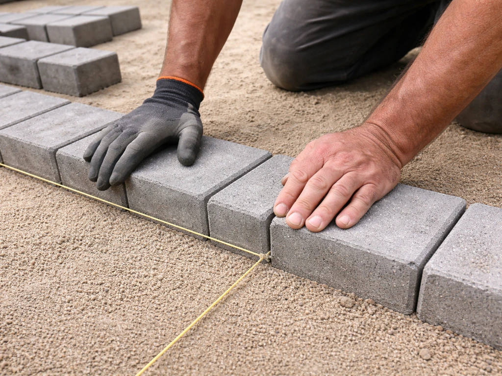 Hands place the first paver row along a straight guide, showing a crisp joint line.