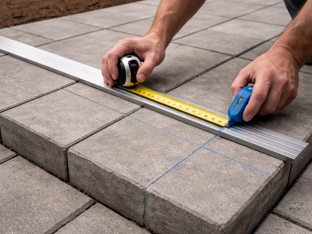 Hands measuring and marking cut lines on neatly laid pavers near the border for edging.
