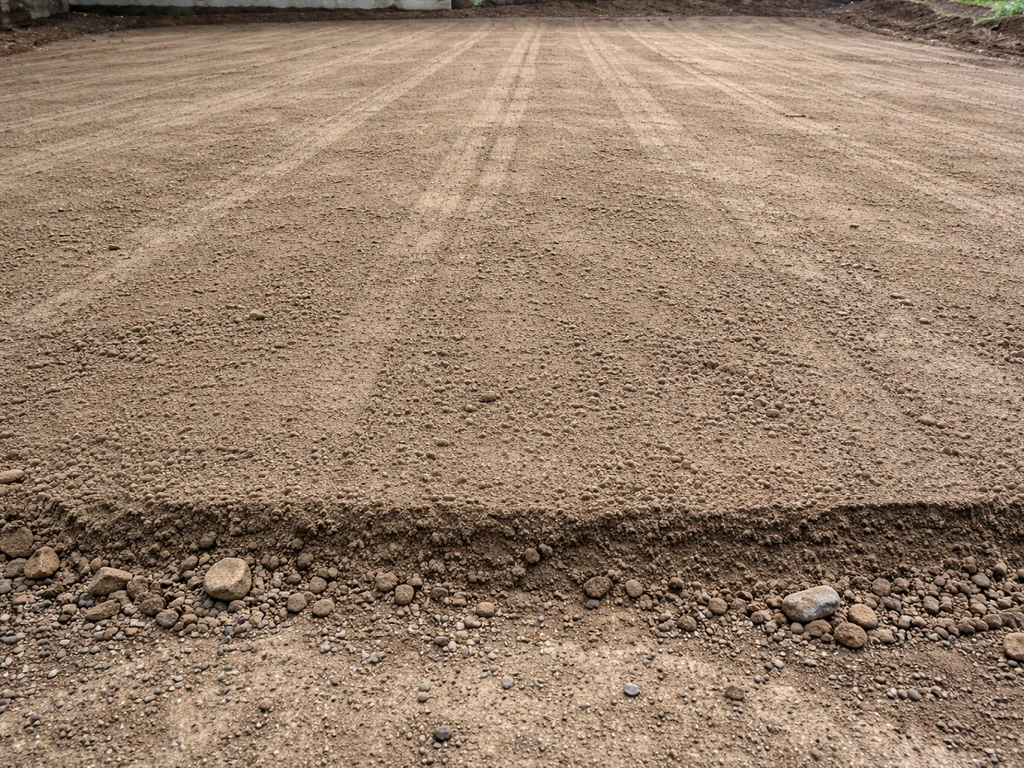Minimal view of a freshly excavated patio base with subtle slope lines and compacted soil ready for sand and aggregate.