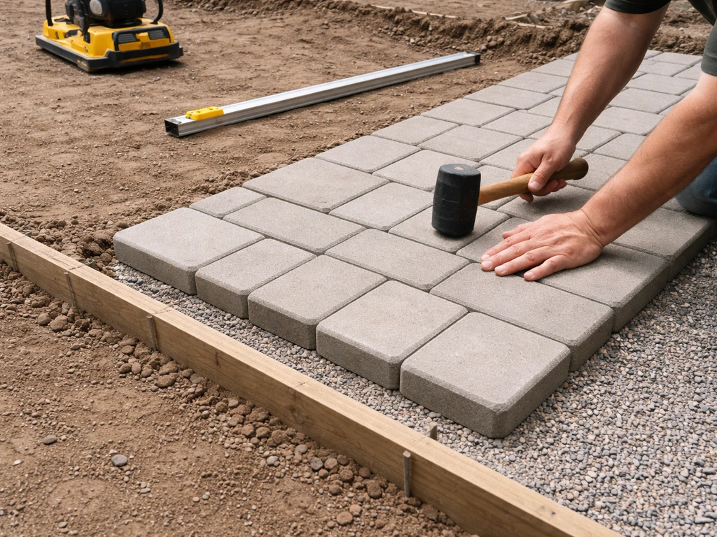 Hands place concrete patio pavers on a prepared dirt-and-gravel base with an edge restraint in place.