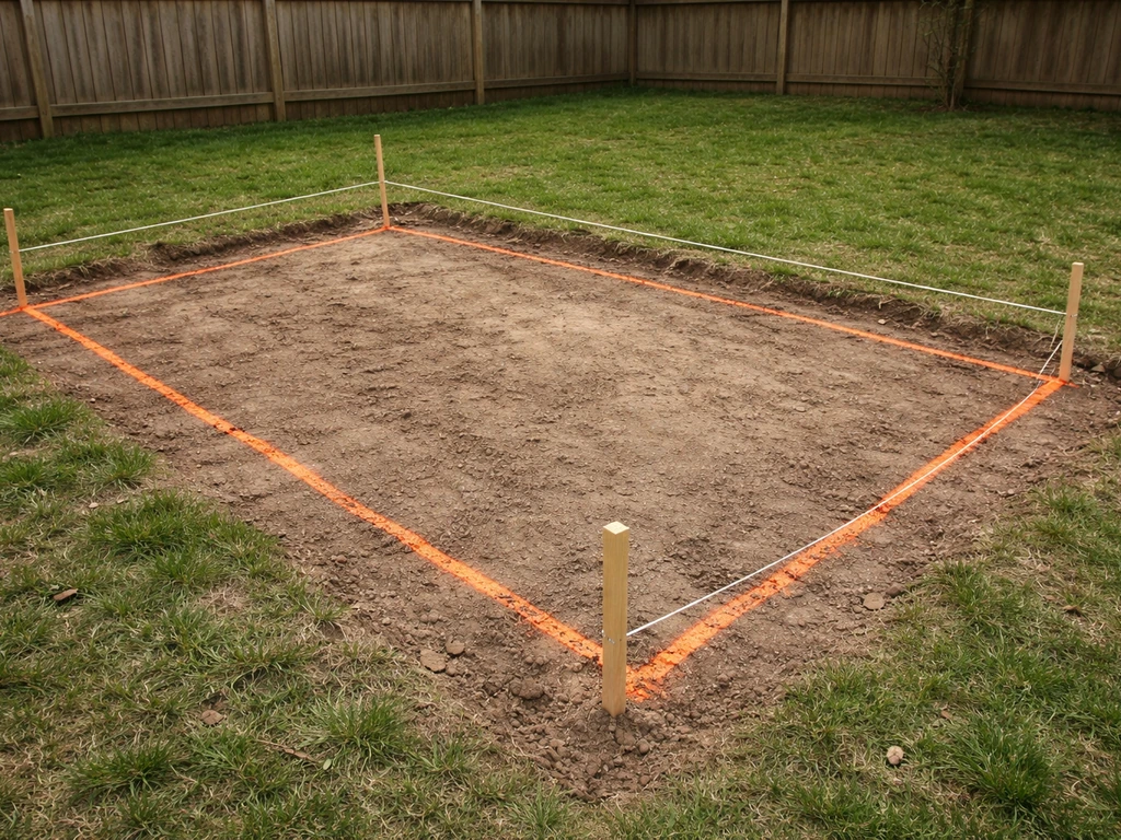 Spray-painted patio footprint marked with stakes and string on bare ground before excavation