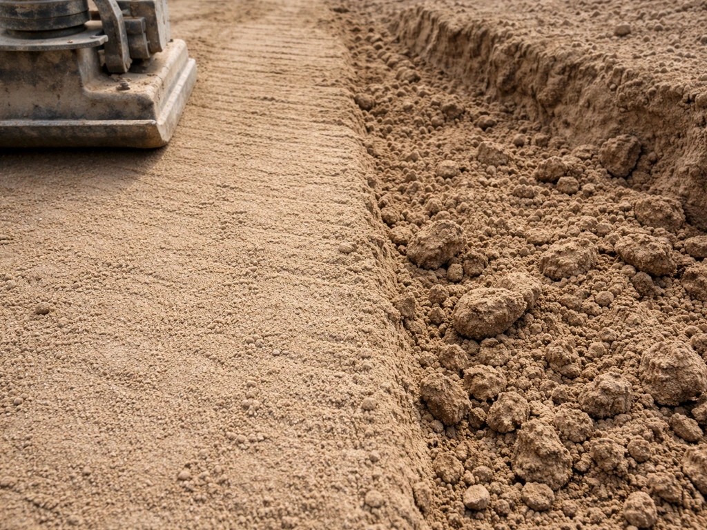 Close-up showing compacted native subgrade soil beside a less compact rough section, with compactor plate edge.