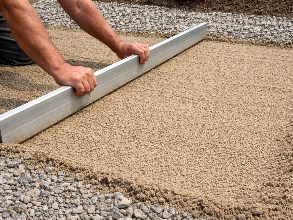 Hands screeding coarse bedding sand smooth with a straight board over a compacted gravel base.