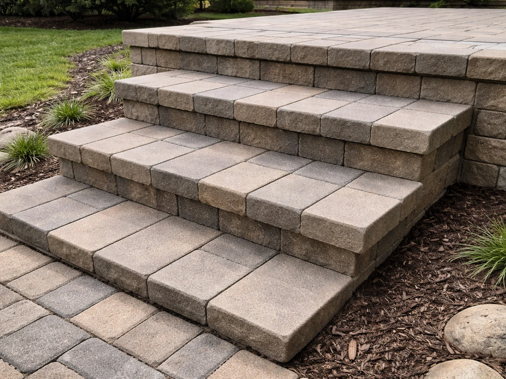 Finished DIY patio paver steps with crisp stair courses leading to a raised patio in natural light.