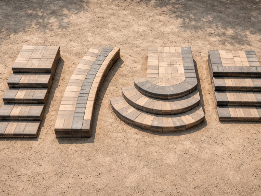 Overhead view of side-by-side patio paver step layout options: straight, wraparound, curved, and landing.