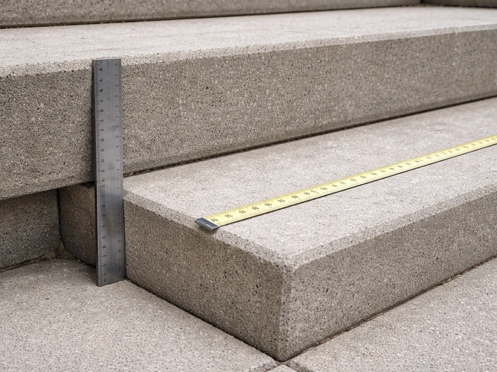 Close-up of patio step measuring tools beside brick steps showing riser and tread depths