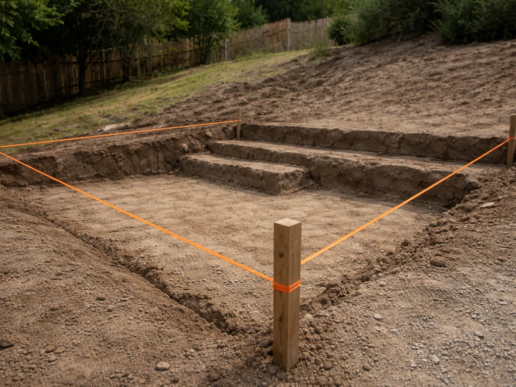 Survey string lines and stakes mark a sloped patio area where steps will be excavated.