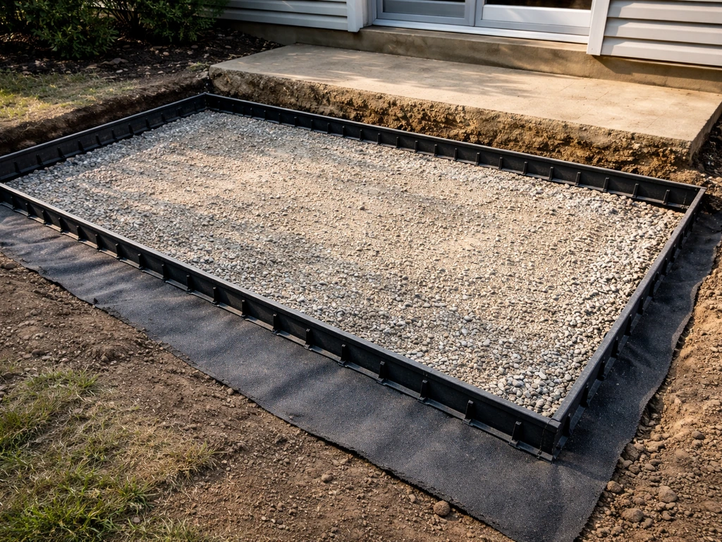 Excavated patio step base with compacted gravel layers, geotextile, and edge restraints ready for pavers.