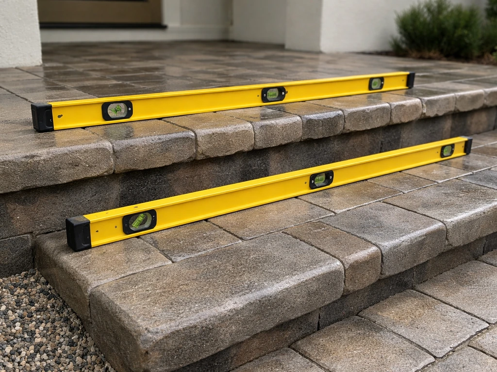 A 4-foot level rests across and along newly installed step treads during finishing checks.