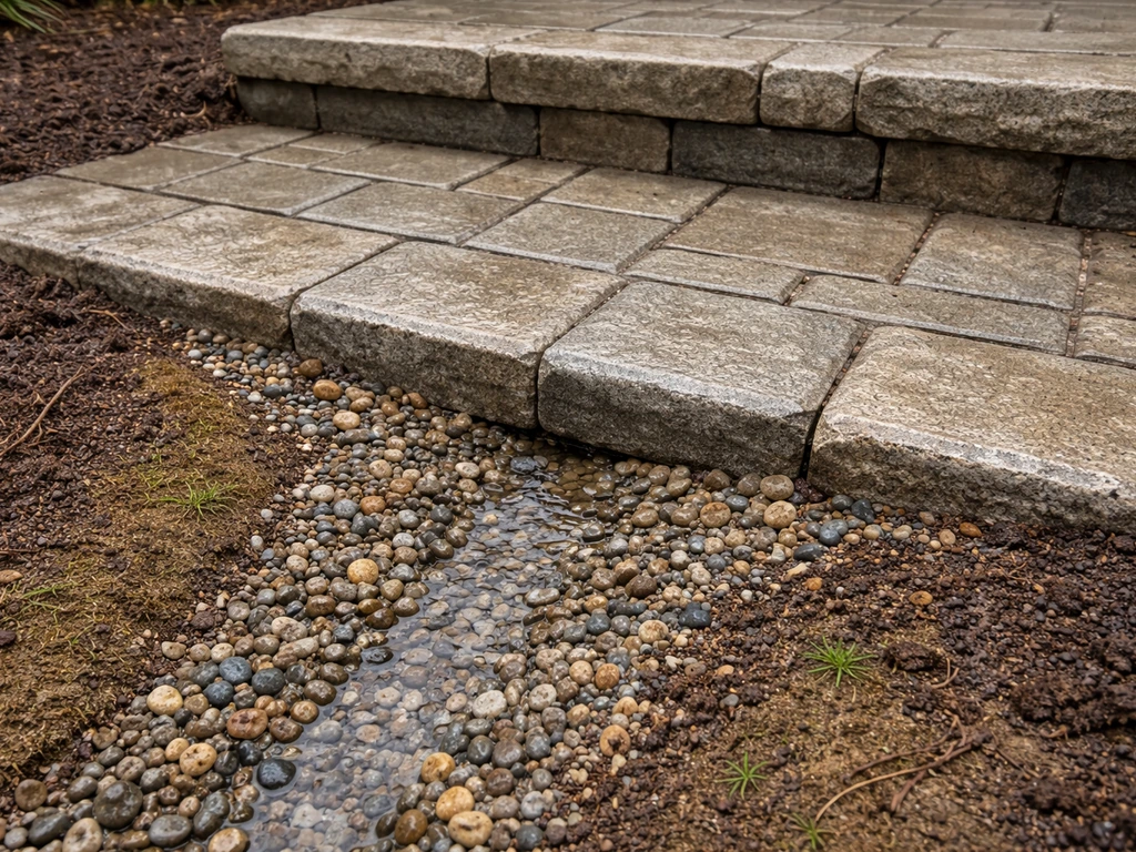 Closeup of paver step base with sloped gravel drainage channel carrying water away