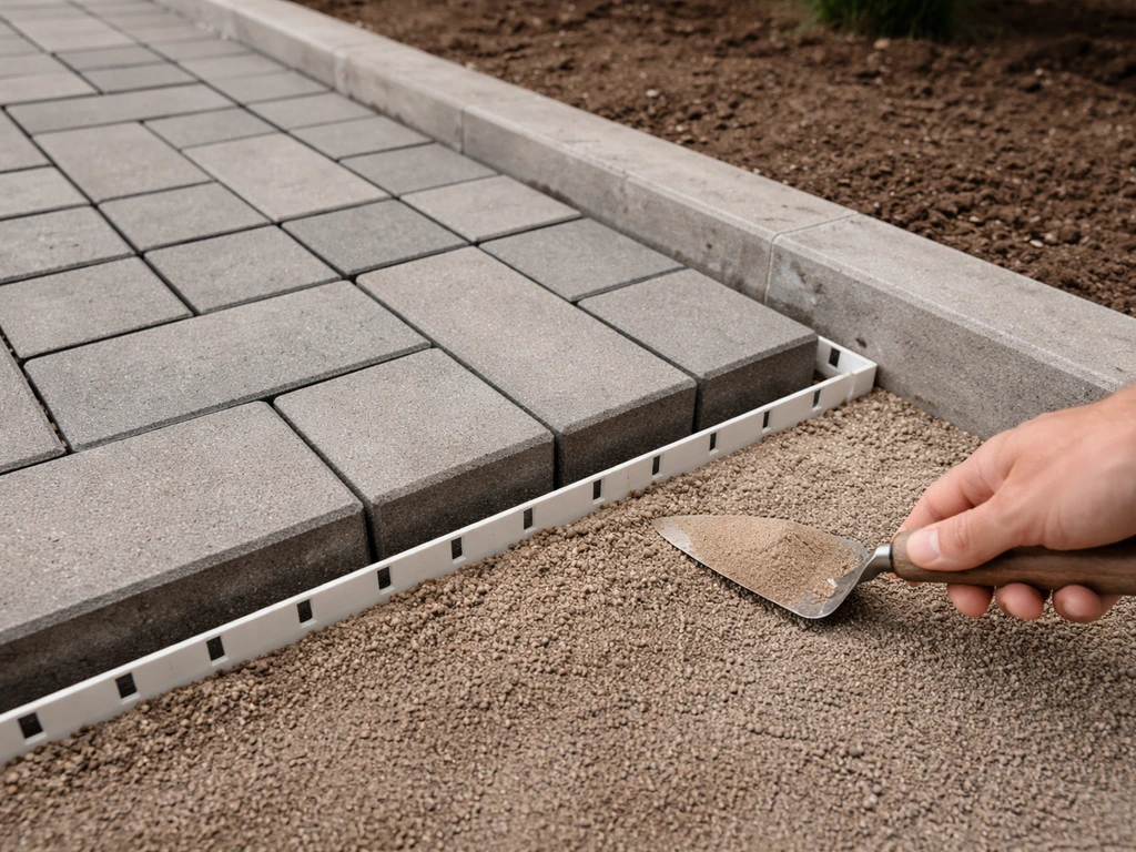 Close-up of paver edges with plastic edging restraints installed, gaps ready for joint sand.