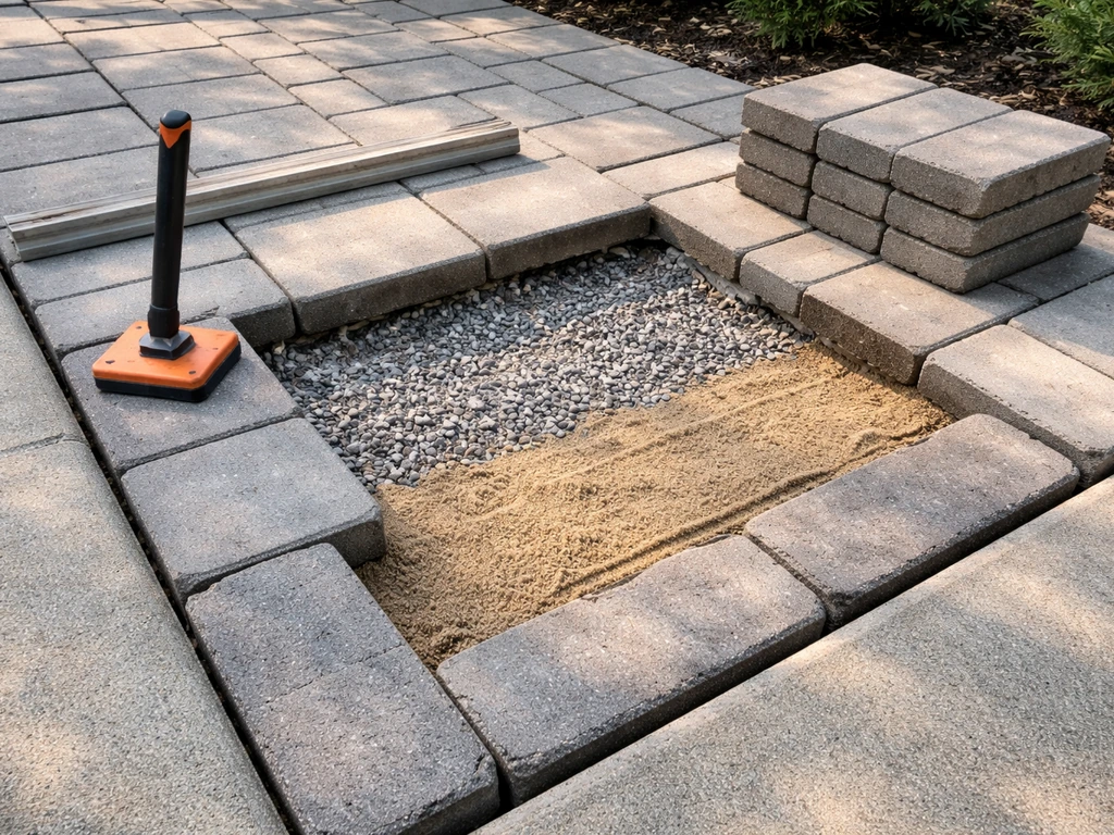 Sunken pavers lifted for repair, showing compacted base and re-screed sand ready for resetting