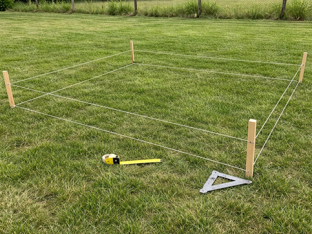 Backyard grass patio footprint outlined with stakes and taut string lines for measuring and squaring.