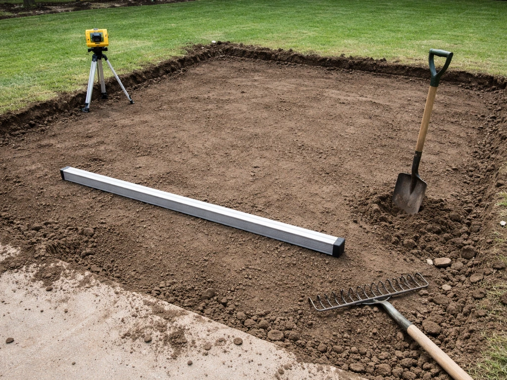 Cleared patio area with rake, shovel, and a laser grade tool showing slope for excavation and grading.