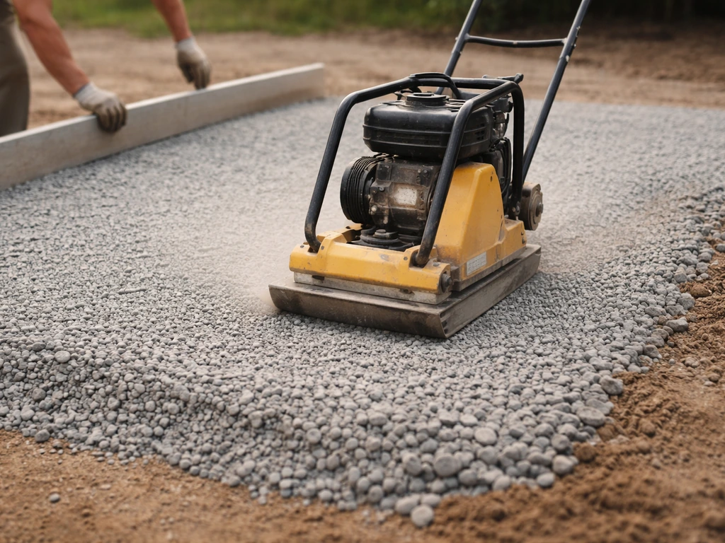A plate compactor compressing a freshly spread gravel base during step-by-step leveling.