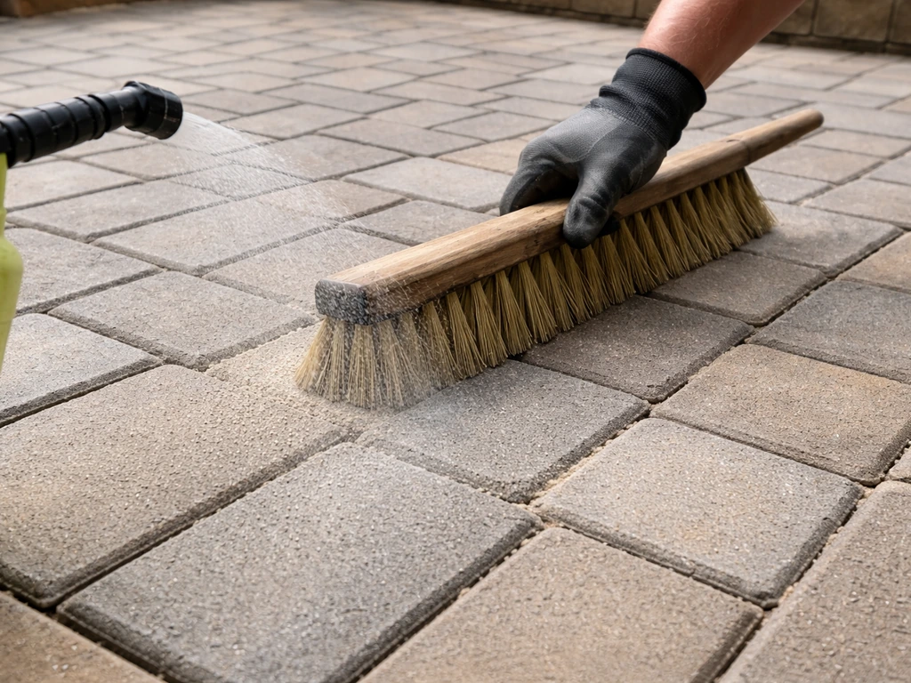 Gloved hand sweeps polymeric joint sand into paver joints while mist lightly activates it.